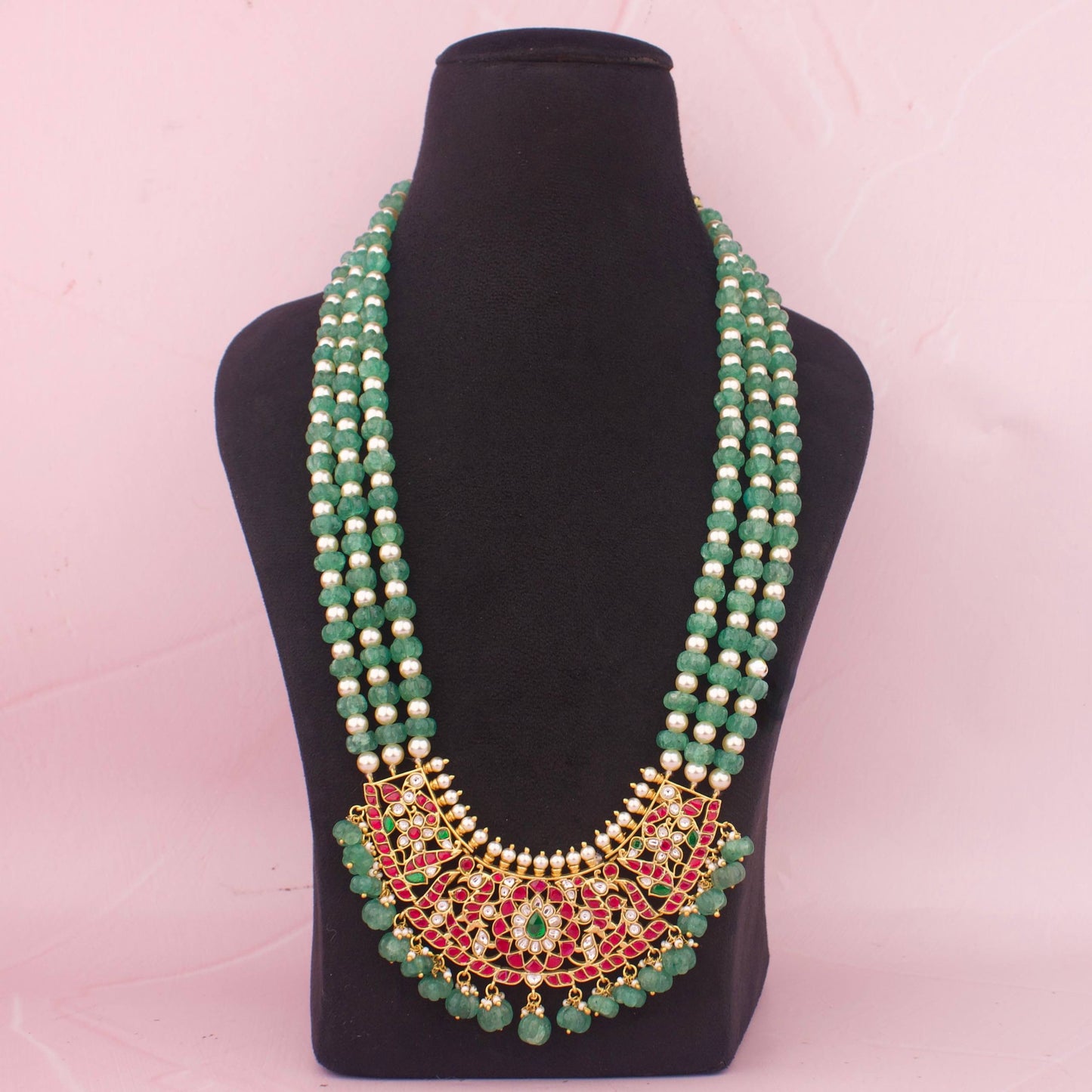 Imperial Crescent Jadau Kundan Necklace With Emerald Layered Beads