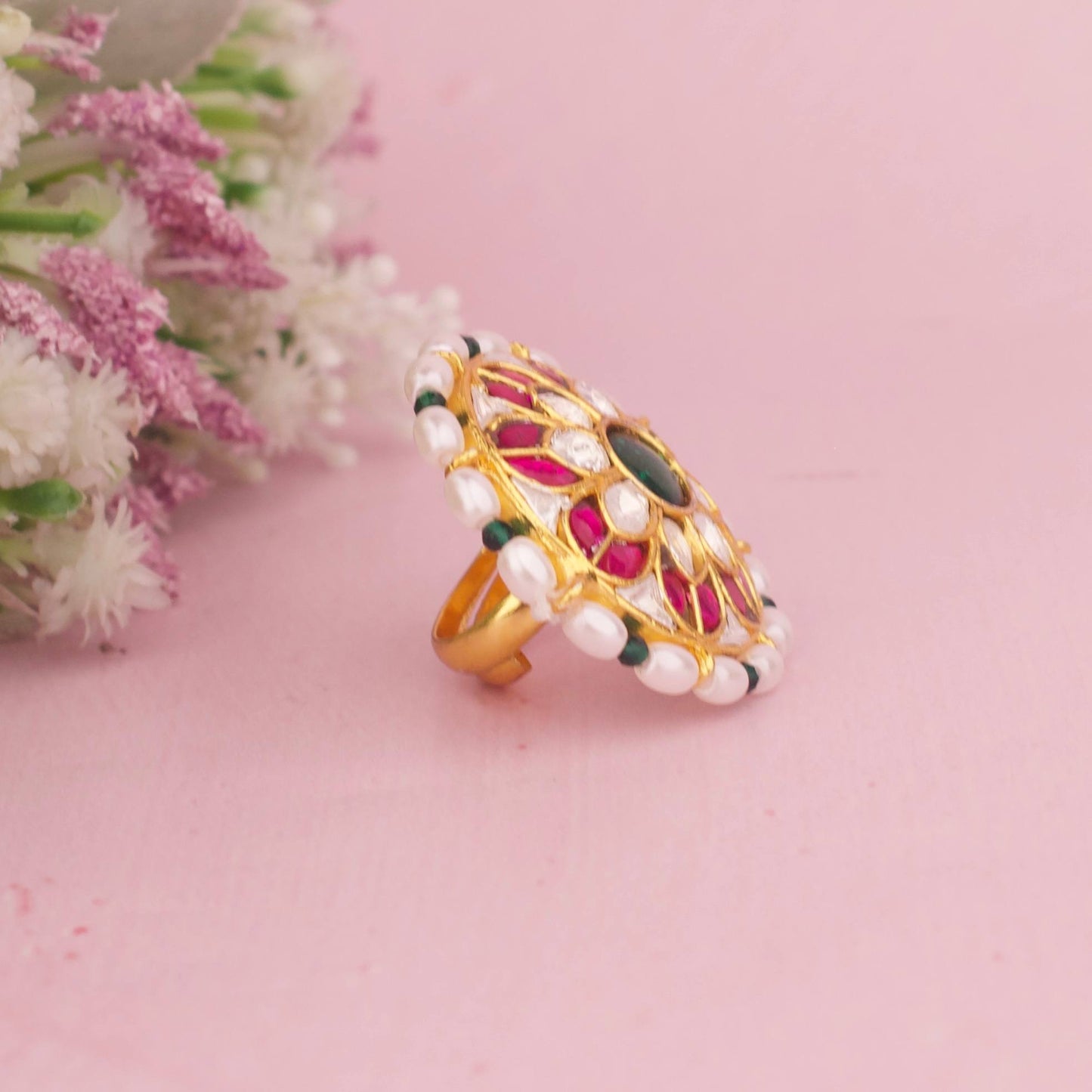 Designer Jadau Kundan Floral Ring With Pearl Border