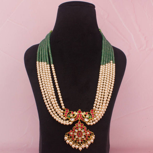 Classic Jadau Kundan Beads Mala In Swarovski Pearl