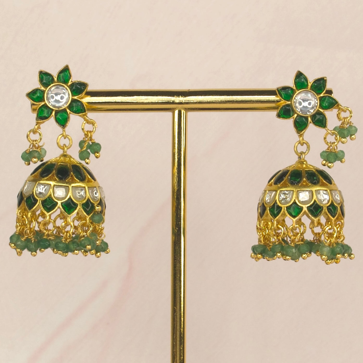 Pristine Flower shaped Green Jadau Kundan Jhumka with Beads