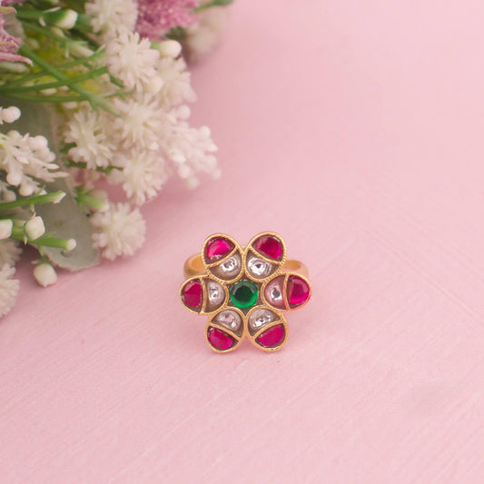 Floral Jadau Kundan Ring With Kundan Highlights And Emerald Center
