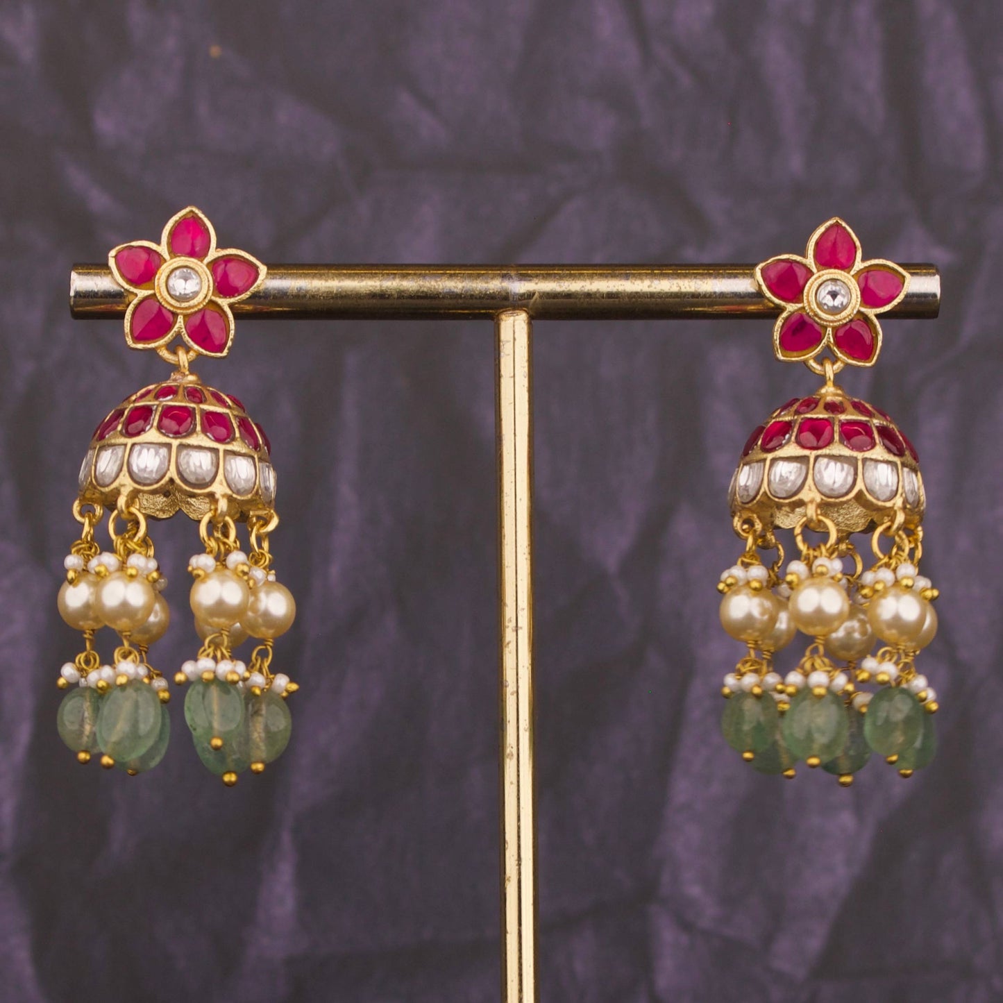 Floral Studded Jadau Kundan Jhumki With Pearl & Beads Hanging
