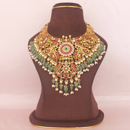 Traditional Bridal Jadau Kundan Necklace With Pearls & Beads Hangings
