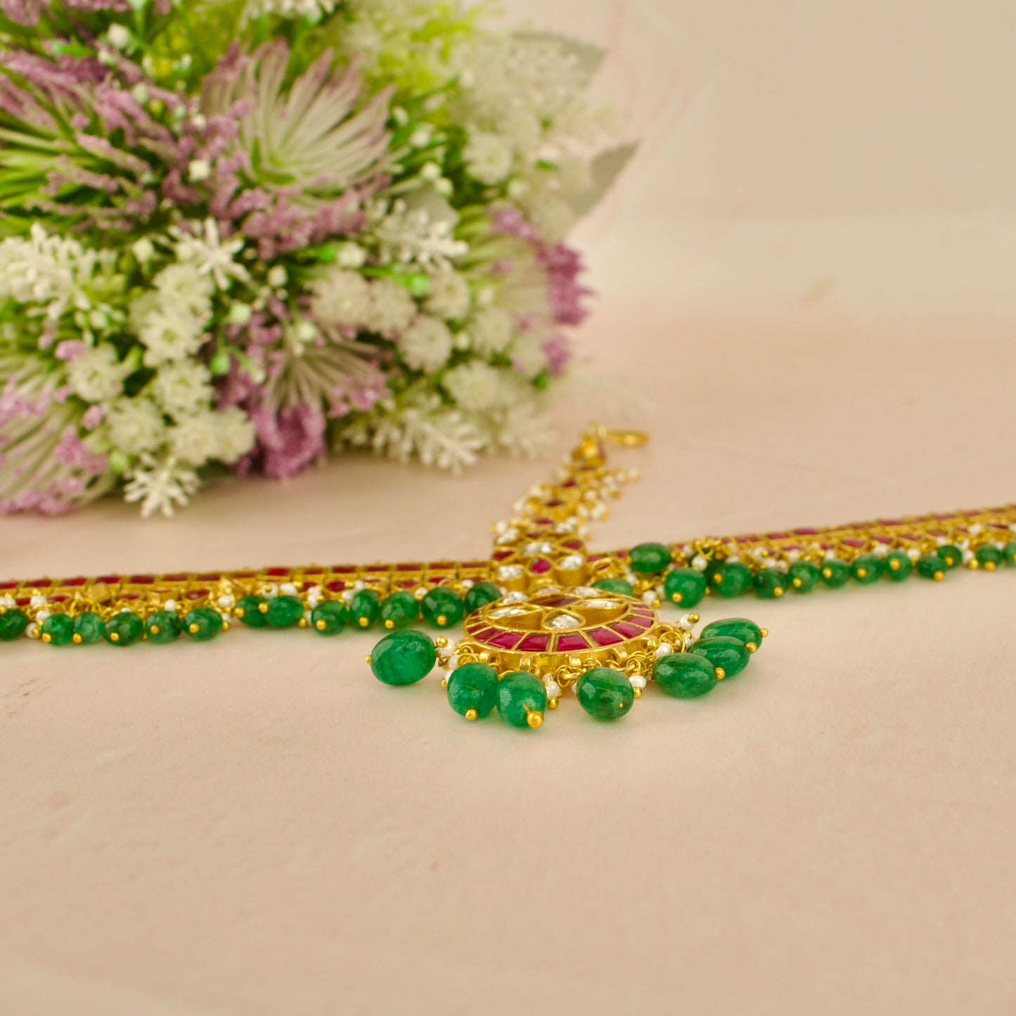 Bridal Chandbali Design Jadau Kundan Mate pati with Green Beads
