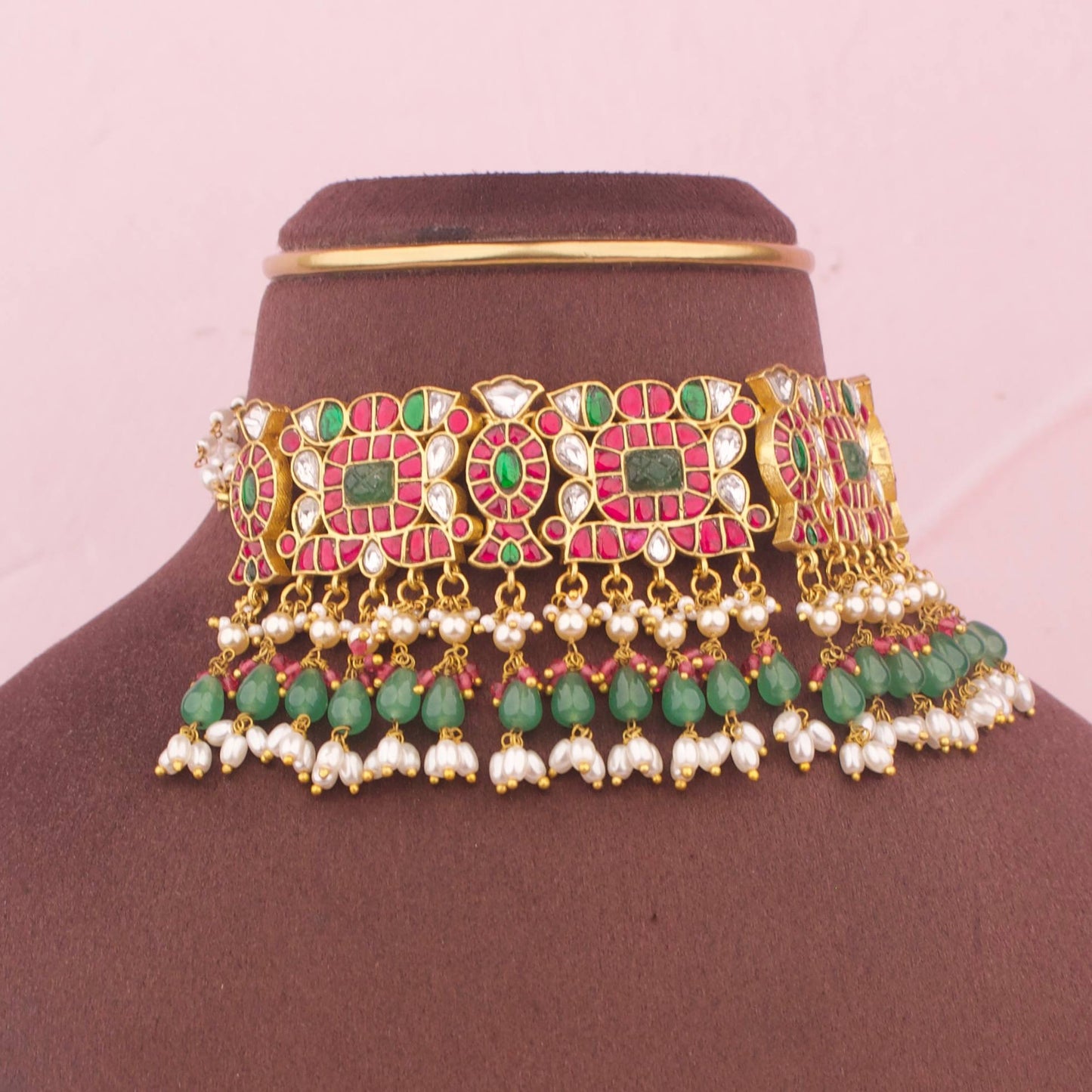 Close-Up Detail View of Graceful Latest Design Jadau Kundan Choker With Swarovski Pearl Hangings | Dulhan Jewels