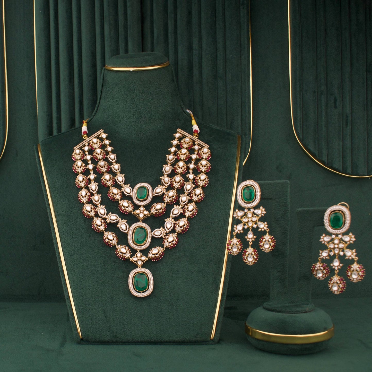 Royal Victorian Layered Polki Necklace Set With Emerald Green Stones And Matching Drop Earrings