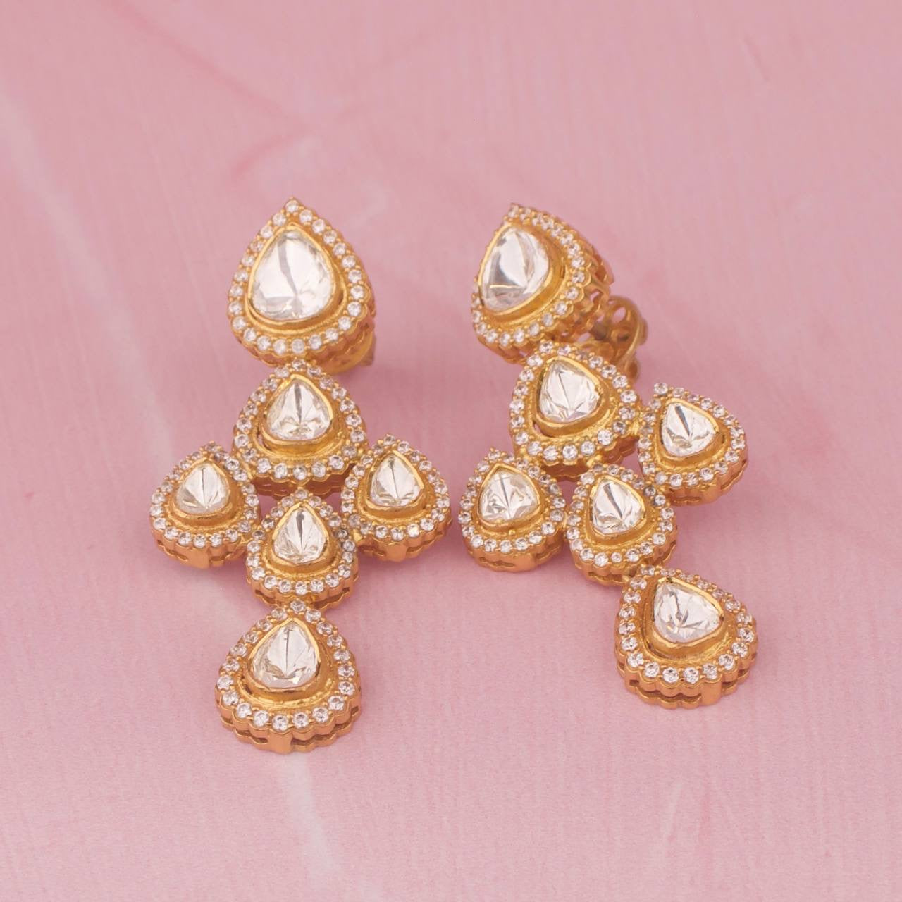 Gold Inspired 925 Silver Gold Plated Bridal Layer By Layer Haram With Matching Earrings