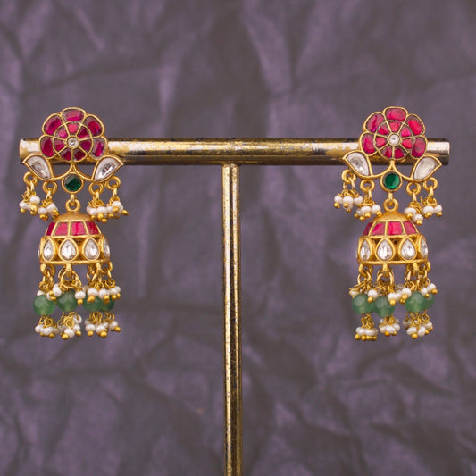 Minimal Jadau Kundan Studded Jhumka Earrings With Pearls And Green Drops