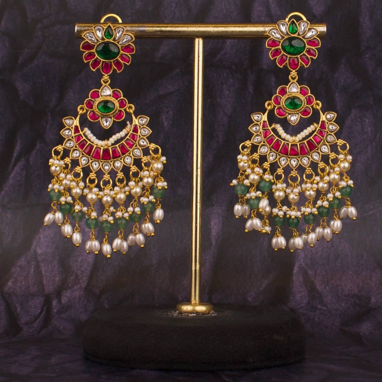 Floral Studded Jadau Kundan Bridal Guttapusalu Hanging Chandbali Earrings