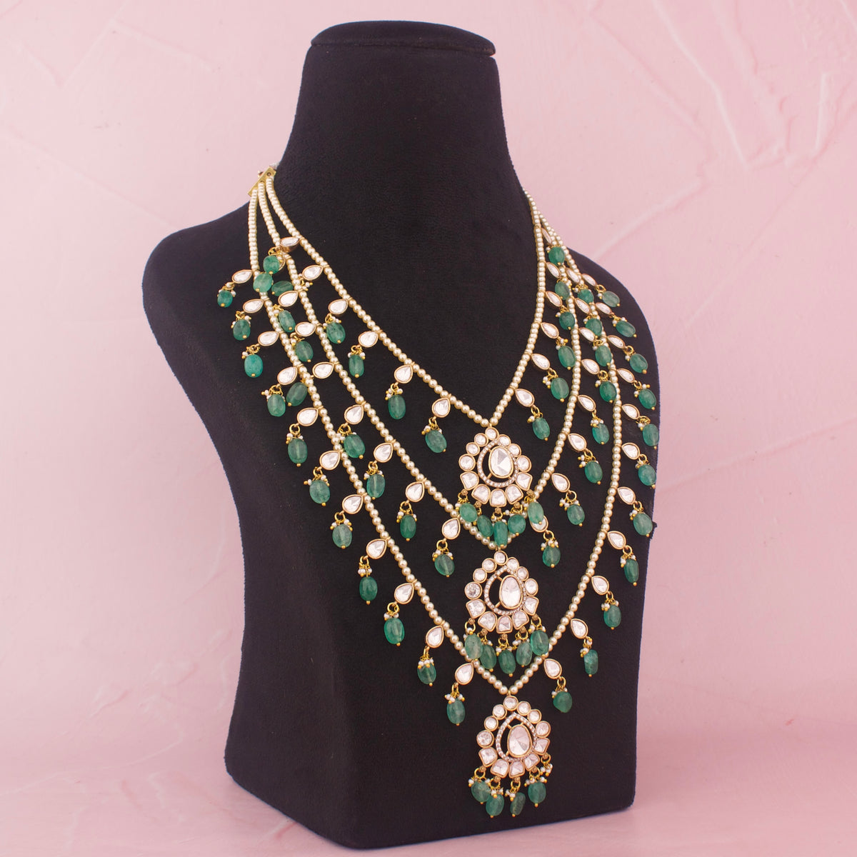 Designer Multi-Layered Haram Necklace Set With Green Bead Drops