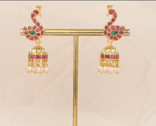 Unique Peacock Studded Jadau Kundan Jhuki With Guttapusalu Hangings - DULHAN JEWELS