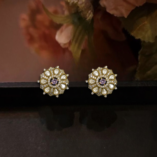 Serene Victorian Polki Studs with zircon stones. This Victorian Jewellery is available in White, Red, Green & Purple colour variants. 
