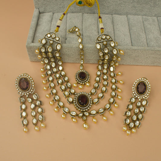 Regal Victorian Pearl and Garnet Necklace Set with Maang tikka