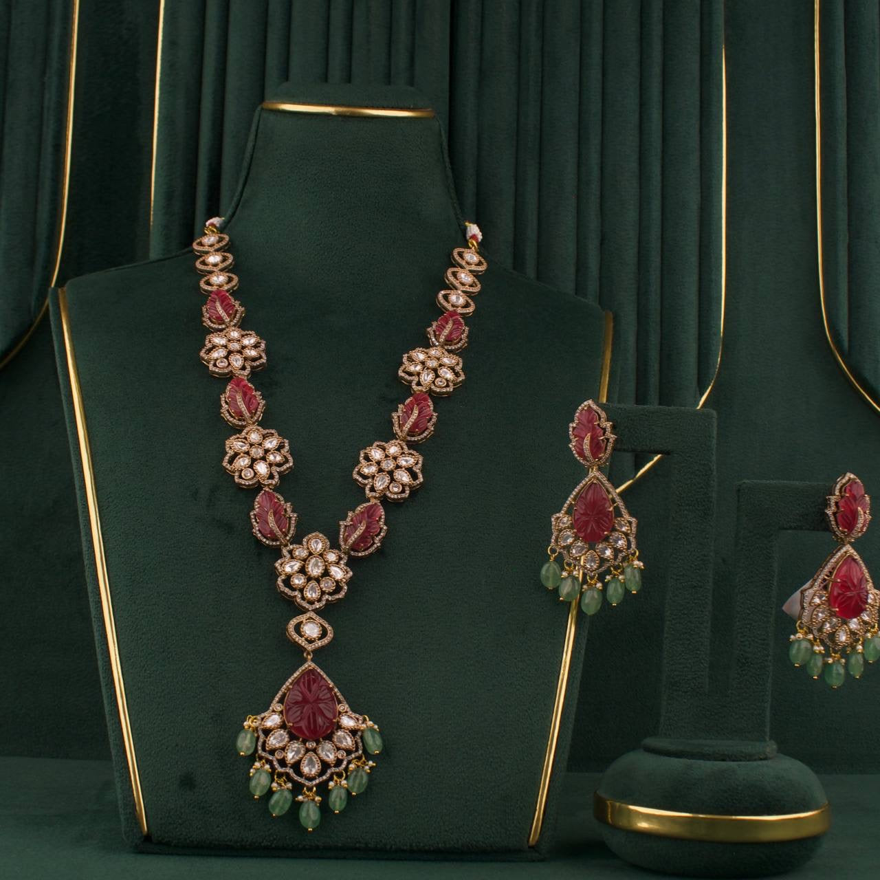 Graceful Floral Design Victorian Finishing Long  Necklace With Earrings