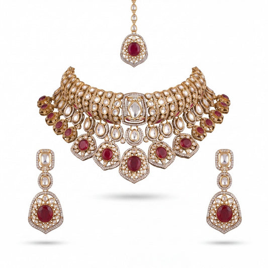 Bridal Victorian Finish Polki Choker Set With Matching Earrings