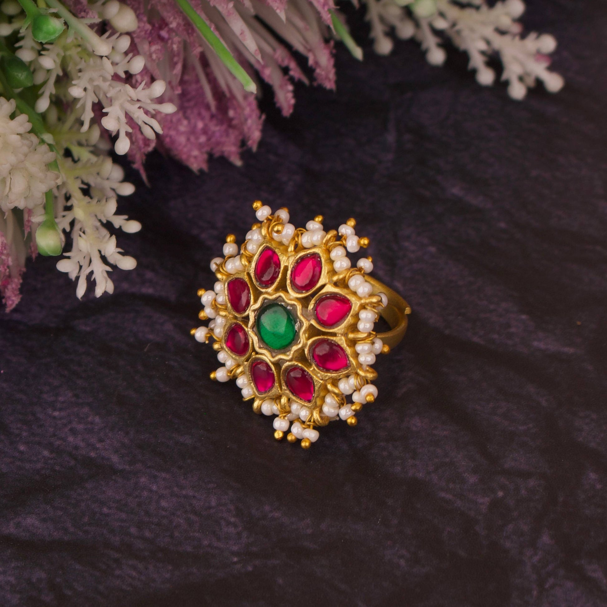 Emerald & Ruby Jadau Kundan Finger Ring