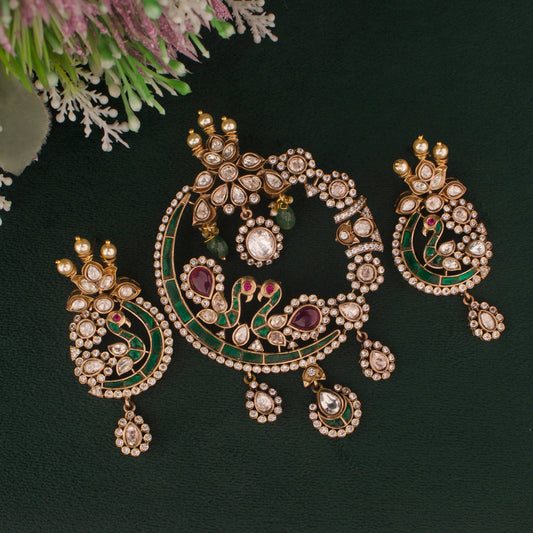 Bridal Peacock Design Fusion Kundan & Polki Victorian Pendant Set