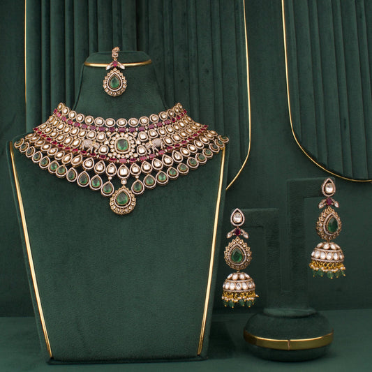 Bridal Victorian Polki Choker Set With Matching Earrings & Maangtika