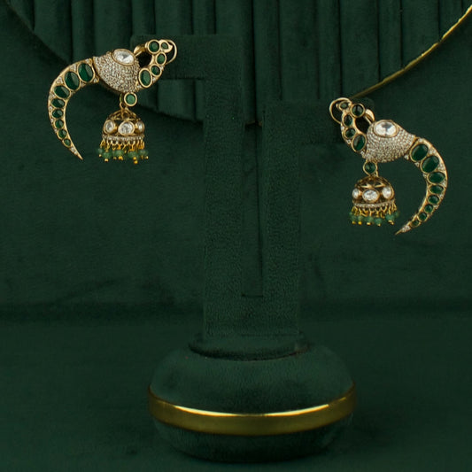 Side view of premium Traditional Peacock Design Polki Victorian Jhumki showcasing handcrafted