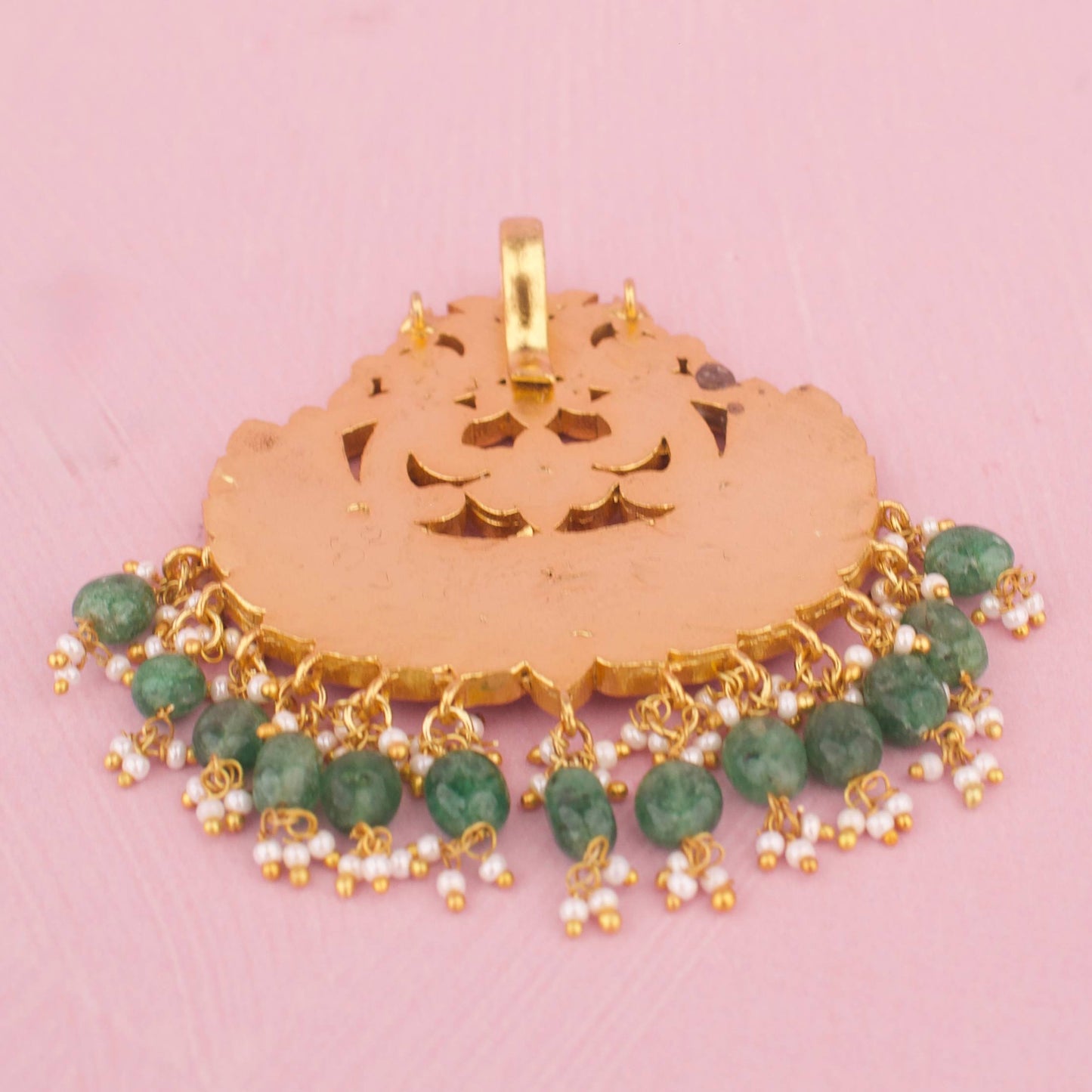 Designer Jadau Kundan Pendant With Ruby Stone Work And Green Strawberry Bead Hangings