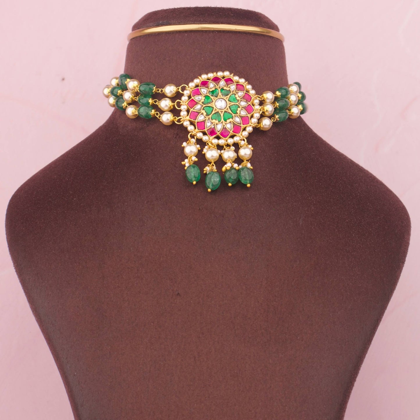 Designer Floral Kundan Choker with Green Beads