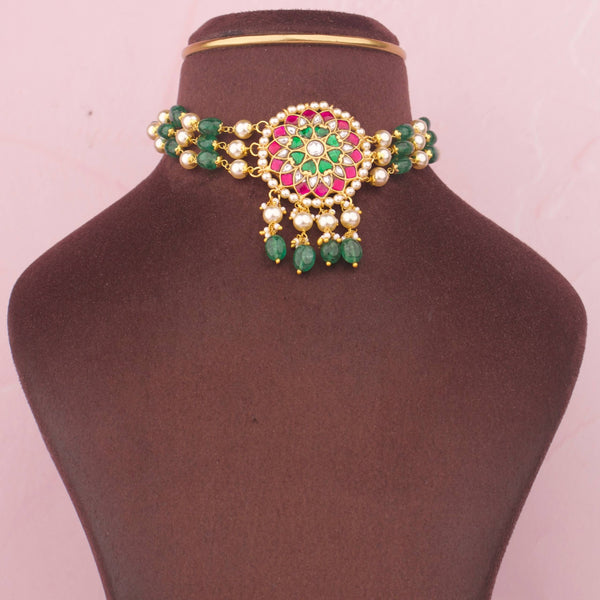 Designer Floral Kundan Choker with Green Beads