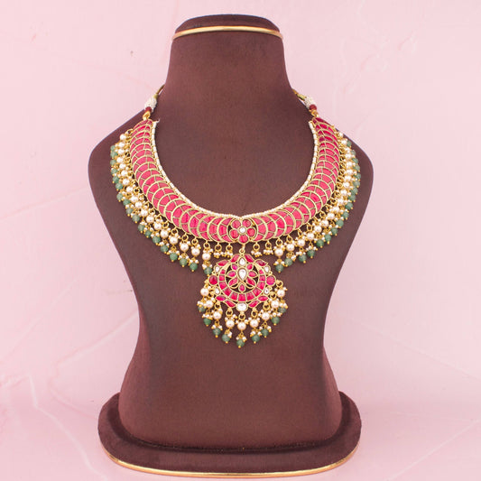 Grand Bridal Jadau Kundan Short Necklace With Pink Stones And Floral Pearl Drop Pendant