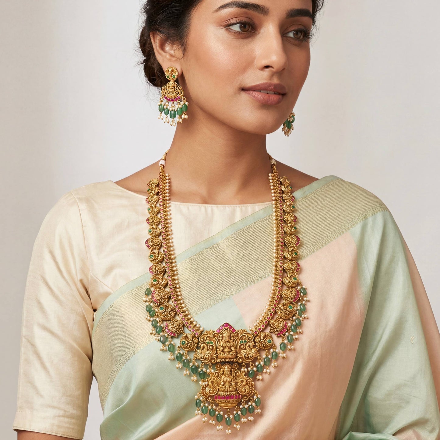 Traditional Long Jadau Kundan Haram Necklace With Emerald Beads