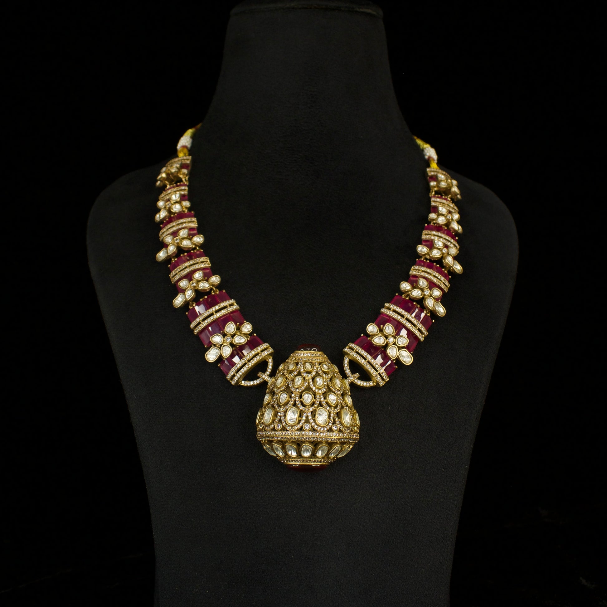 Diamond Victorian Kanti Necklace Set with zircon and polki, including matching earrings. This Victorian Jewellery is available in Red & Green colour variants. 