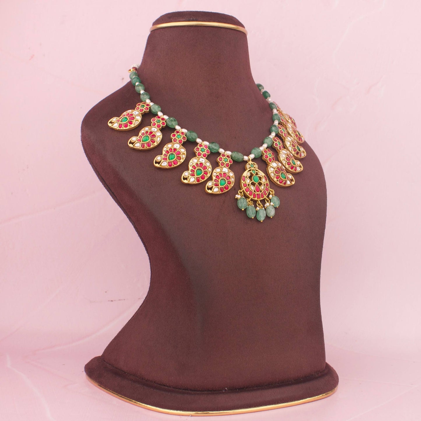 Heritage Jadau Kundan Necklace in Green Beads With Mango Hangings