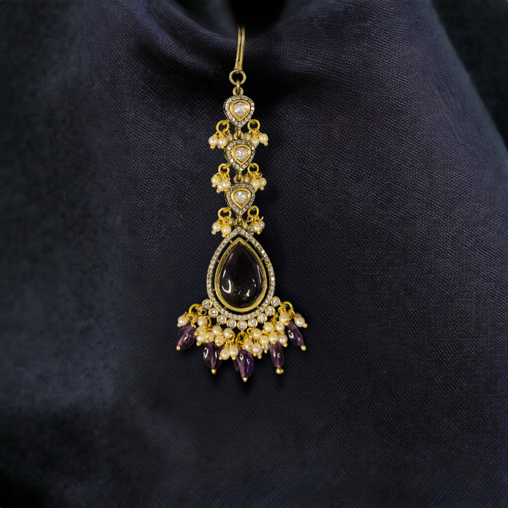 Victorian Maang Tikka with teardrop design & rice pearls - DULHAN JEWELS