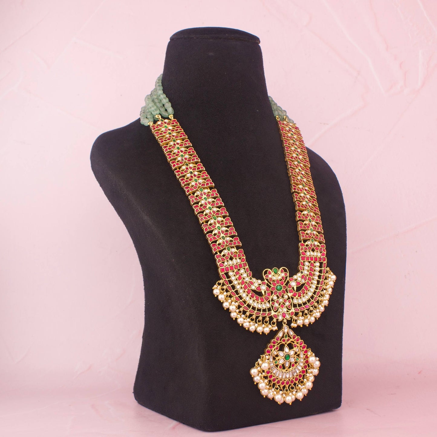 Traditional Bridal Long Haram With Designer Pendant And White Drops