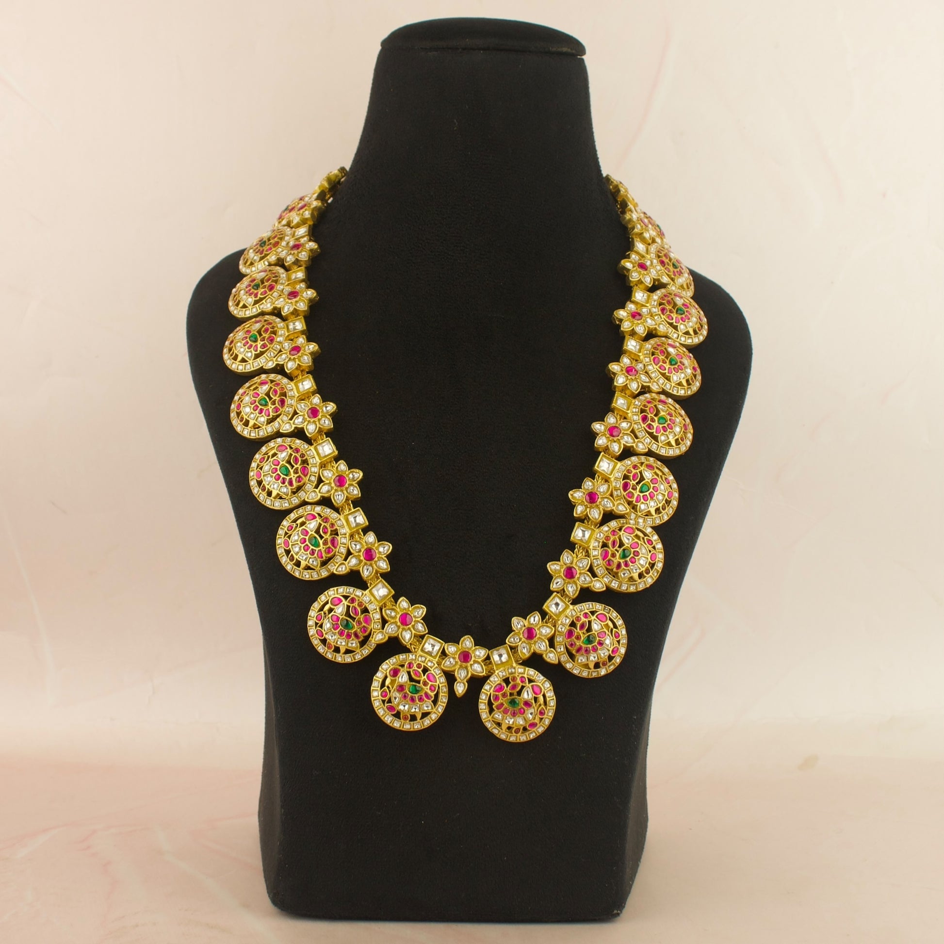 Traditional Jadau Kundan Long Bottumala Haram With Peacock Carving