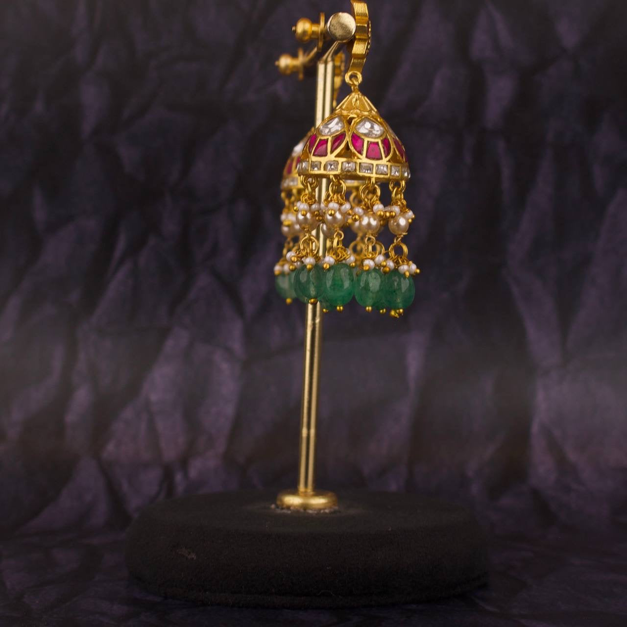 Floral Studded Jadau Kundan Guttapusalu Hanging Jhumki Earrings