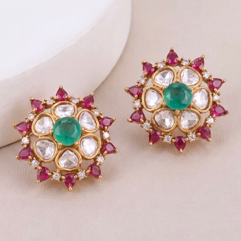 Designer Victorian Polki Kundan Stud Earrings - Handcrafted Indian Bridal Jewelry by Dulhan Jewels