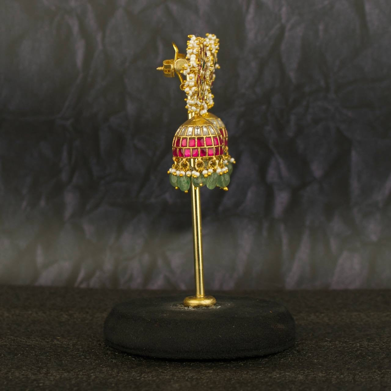 bridal jhumki earrings, circular floral jadau kundan with pink stones