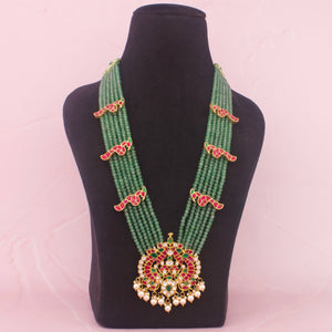 Royal Jadau Kundan Green Beads Mala With Pearl Pendant