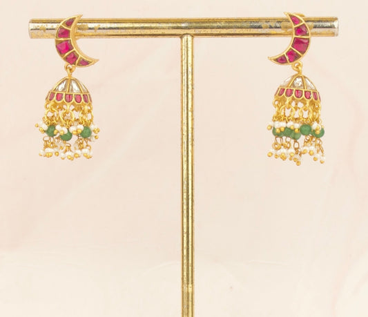 Sleek Studded Jadau Kundan Jhumki Earrings - DULHAN JEWELS