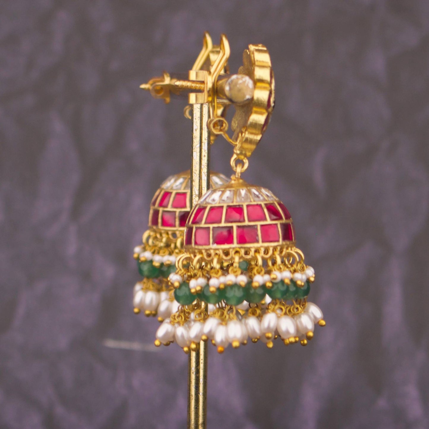 Traditional Jhumka Earrings with Green Beads And Pearl Drops
