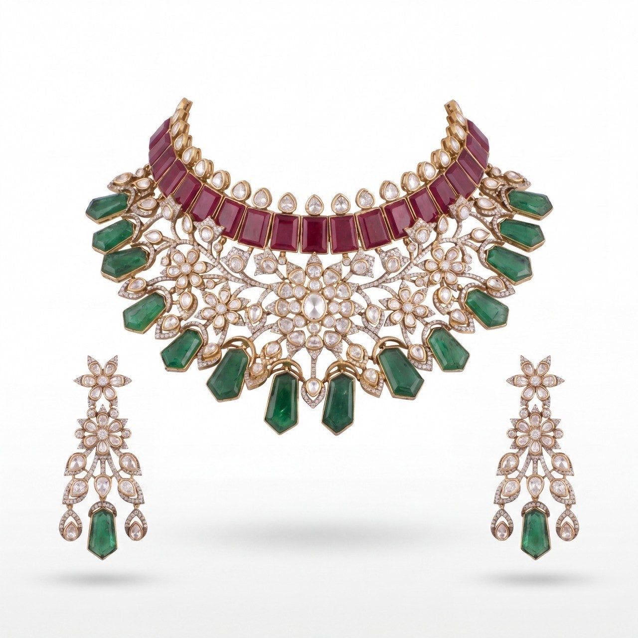 Bridal Emerald & Ruby Moissanite Polki Choker Set With Matching Earrings