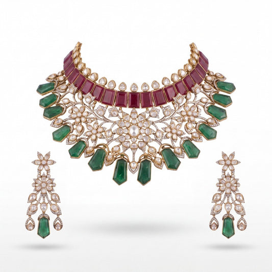 Bridal Emerald & Ruby Moissanite Polki Choker Set With Matching Earrings