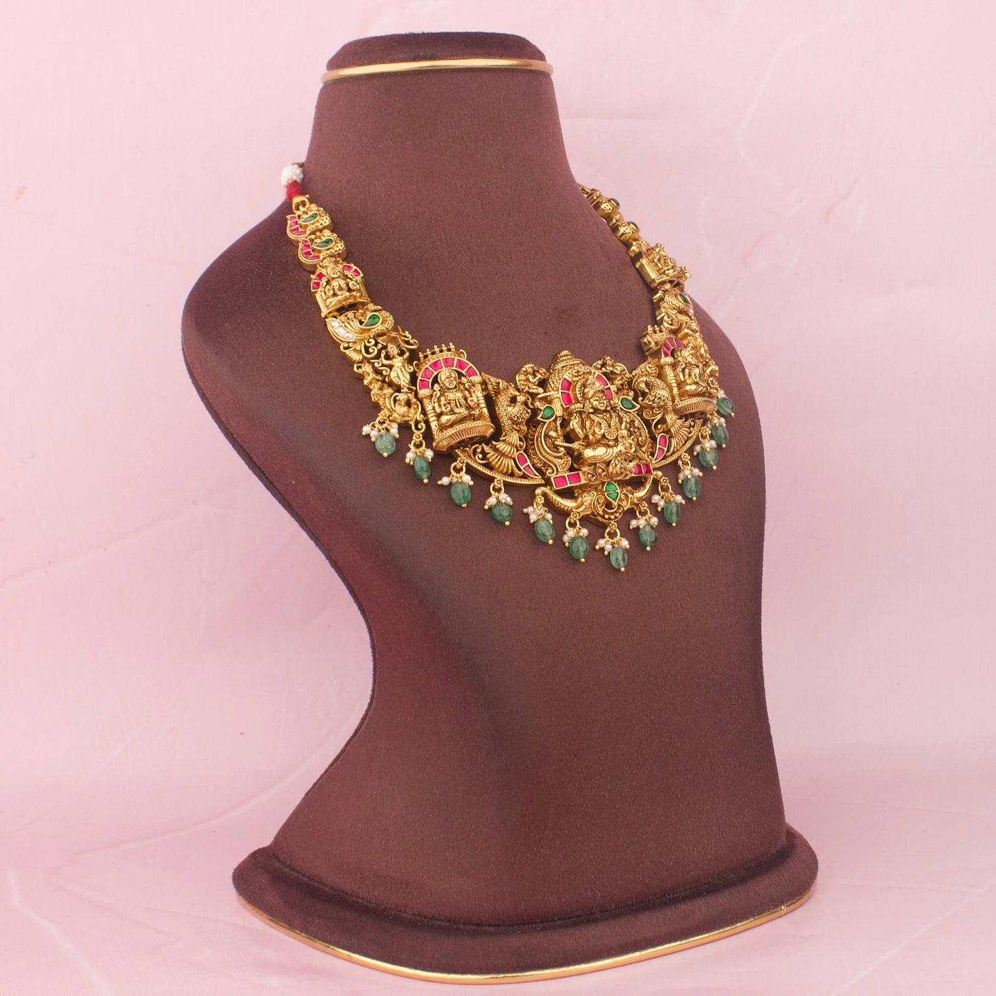Jadau Kundan Lakshmi Temple Necklace Set With Green Beads