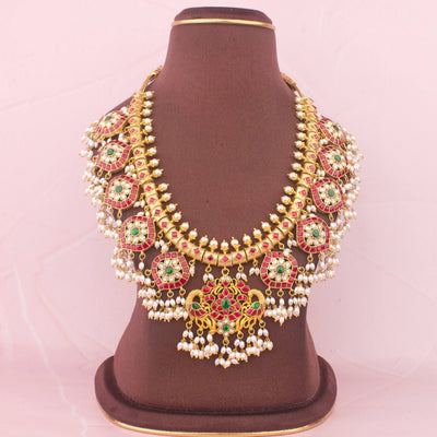 Royal Jadau Kundan Necklace With Guttapusalu Hangings