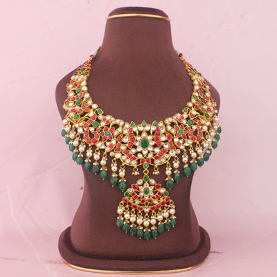 Traditional Jadau Kundan Necklace With Green Bead Hangings