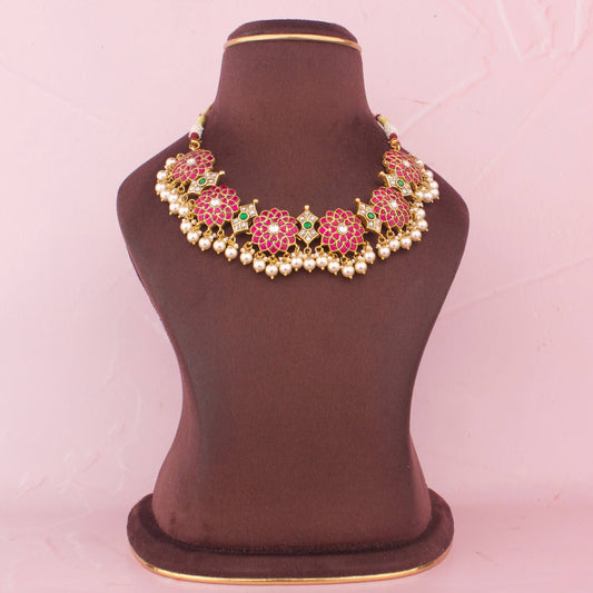 Elegant Floral Jadau Kundan Necklace With Pearl Drops