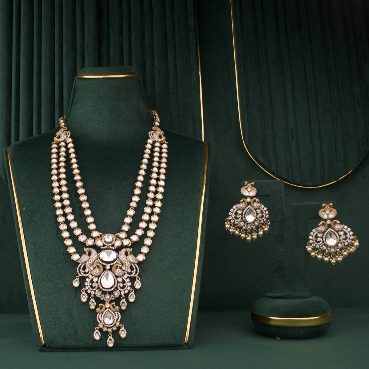 Side view of premium Grand Layered Victorian Polki Set With Matching Earrings