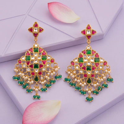 Elegant Jadau Kundan Chandbali Earrings With Green Drops