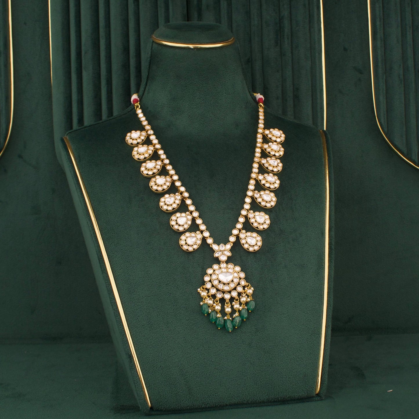 Polki Necklace Set With Green Beads And Matching Earrings