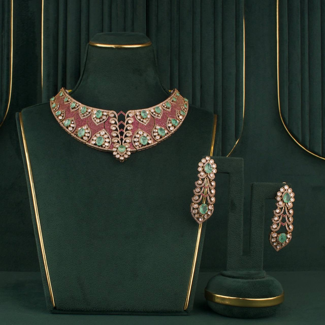 Bridal Moissanite Polki Choker Set With Hanging Earrings