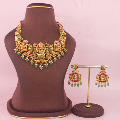 Jadau Kundan Lakshmi Temple Necklace Set With Green Beads